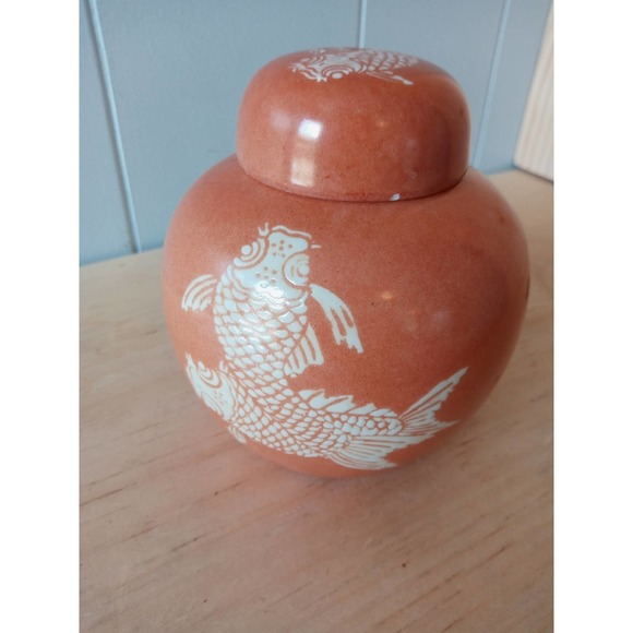 Vintage Neiman Marcus Porcelain Koi Ginger Jar - Picture 8 of 9